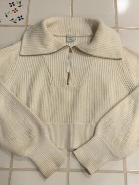 Varley Cream Ribbed Half Zip Sweater Medium Cropped Knit Pullover